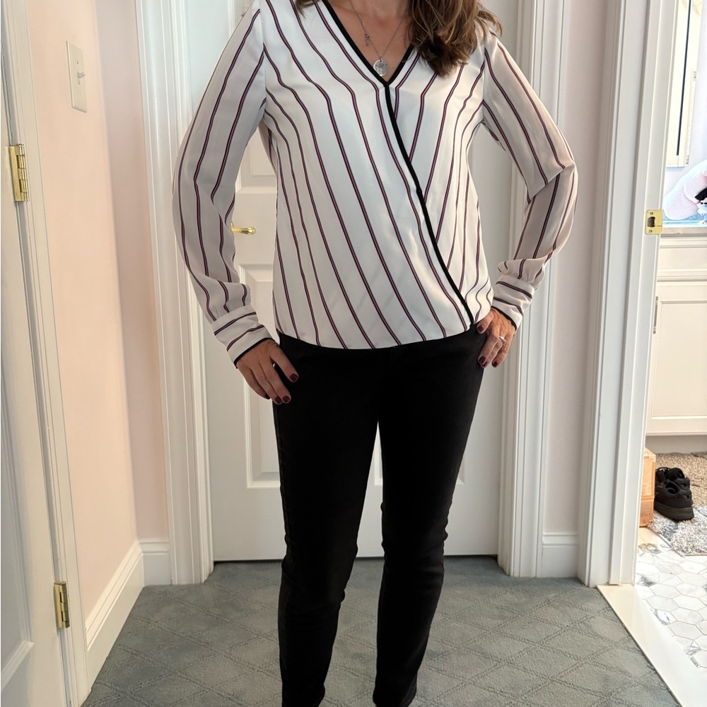 White House Black Market Striped V-Neck Blouse - White and Black